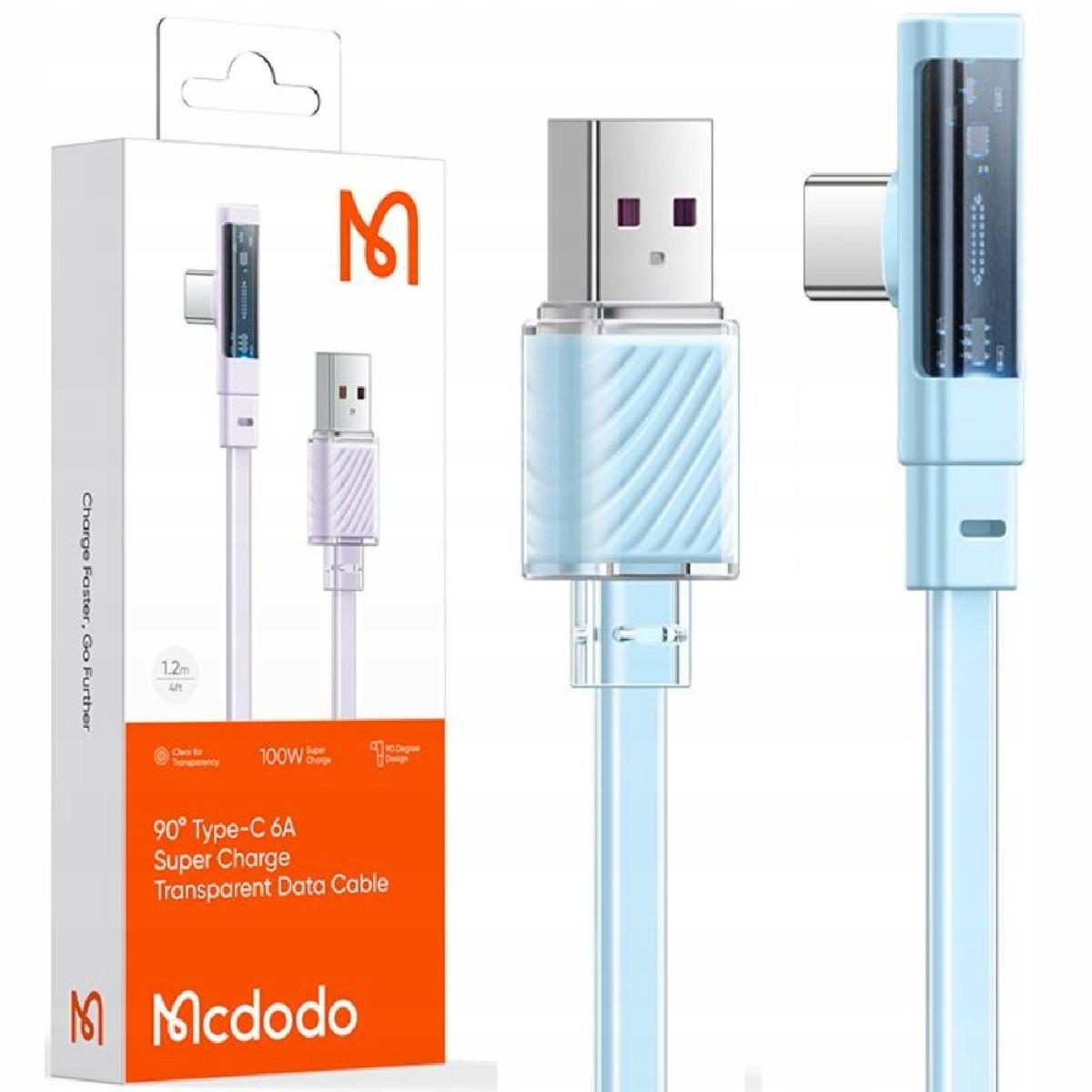 Mcdodo CA-3422 USB-A to Type-C 6A 90 Degree Transparent Data Cable with LED 1.2m blue