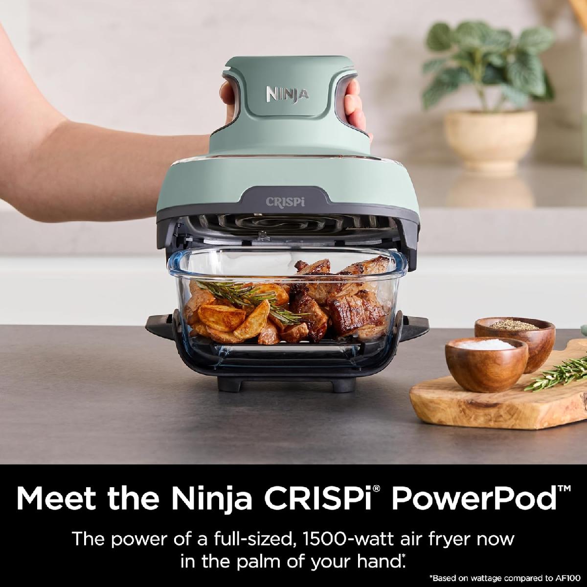 Ninja FN101EUSG Crispi 4-in-1 Portable Glass Air Fryer Cooking System 1500 watt  3.8lt sage green