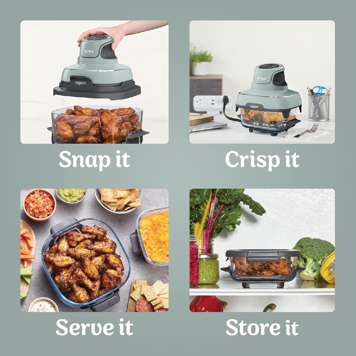 Ninja FN101EUSG Crispi 4-in-1 Portable Glass Air Fryer Cooking System 1500 watt  3.8lt sage green