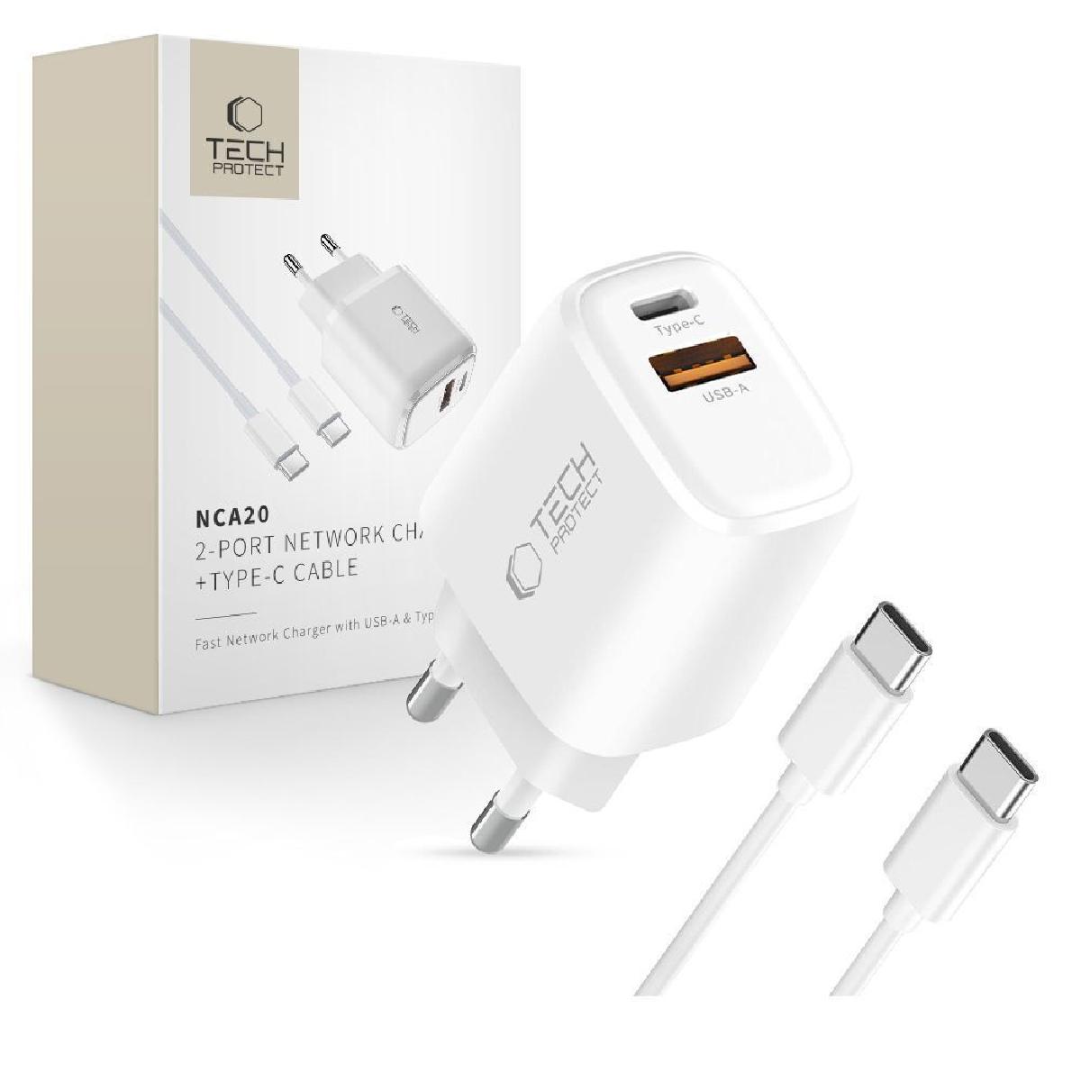 Tech-Protect NCA20 Adaptor με 2 θύρες USB-A & USB-C & καλώδιο Type-C 20 watt White Tech-Protect NCA20 Adaptor με 2 θύρες USB-A & USB-C & καλώδιο Type-C 20 watt White