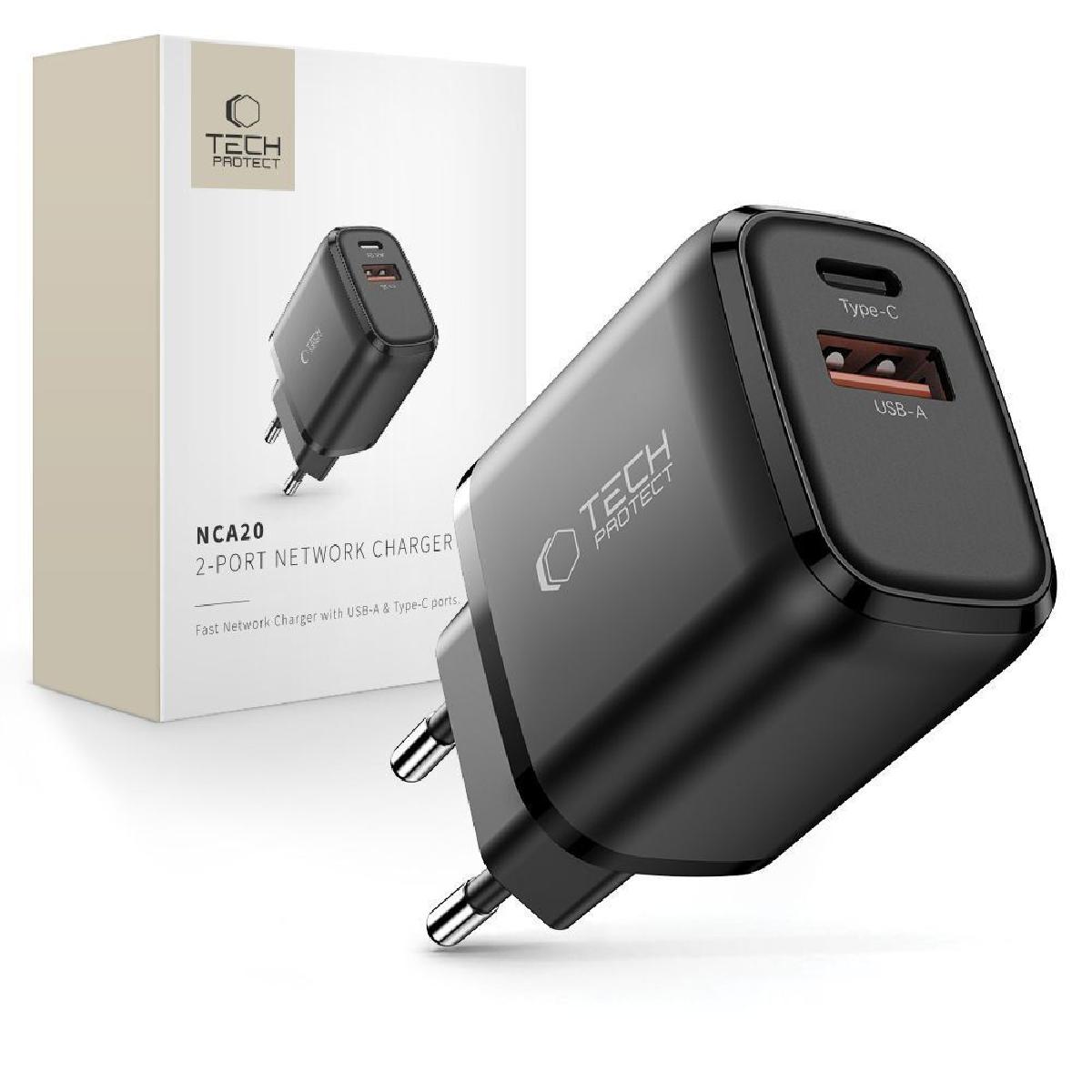 Tech-Protect NCA20 Adaptor με 2 θύρες USB-A & USB-C 20 watt Black Tech-Protect NCA20 Adaptor με 2 θύρες USB-A & USB-C 20 watt Black