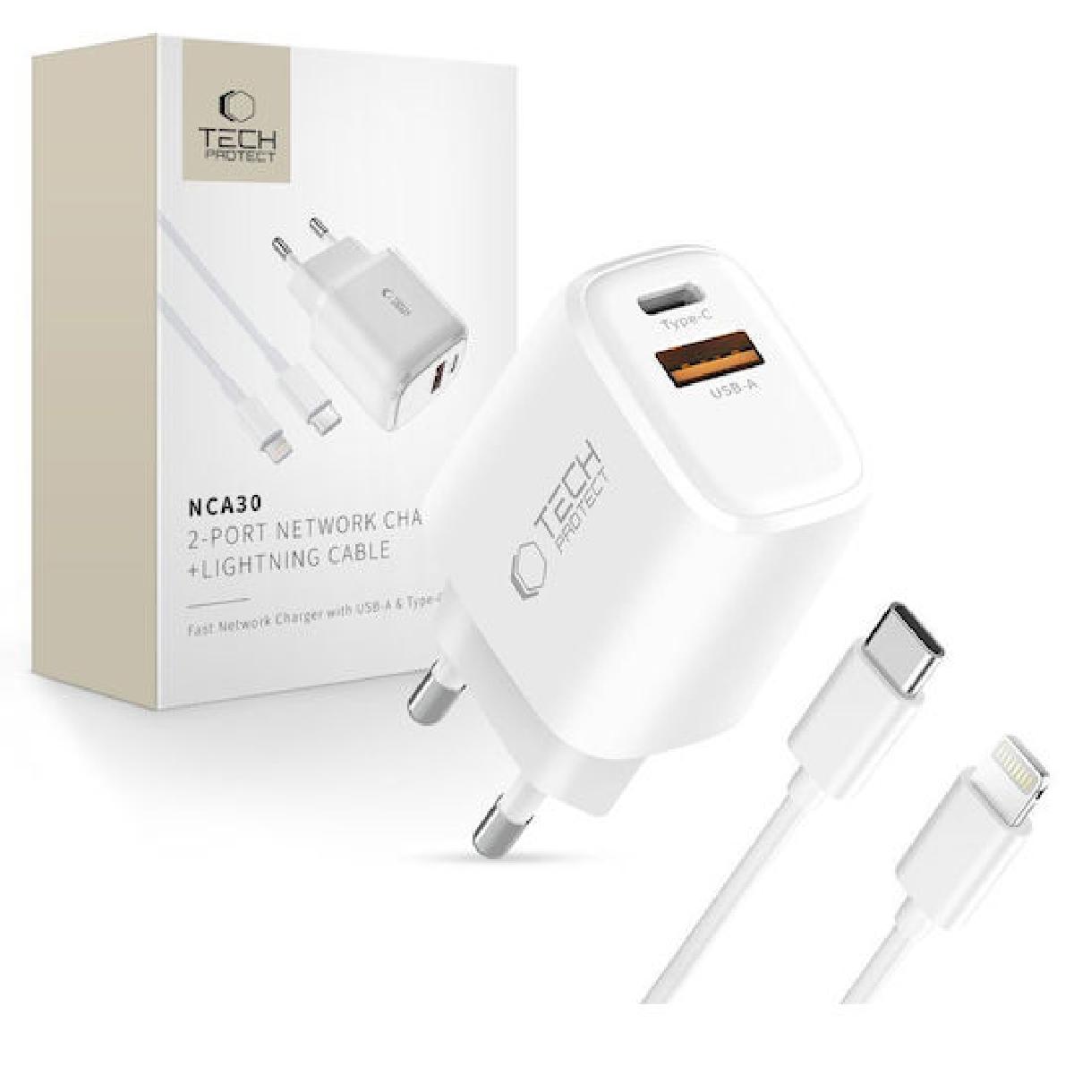 Tech-Protect NCA30 Adaptor με 2 θύρες USB-A & USB-C & καλώδιο Lightning 30 watt White Tech-Protect NCA30 Adaptor με 2 θύρες USB-A & USB-C & καλώδιο Lightning 30 watt White