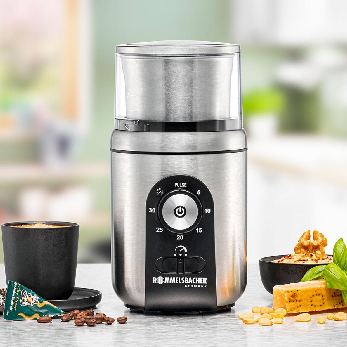 Rommelsbacher EGK 250 Spice Coffee Grinder 200 watt 70gr with timer & speed control stainless steel silver Rommelsbacher EGK 250 Spice Coffee Grinder 200 watt 70gr with timer & speed control stainless steel silver