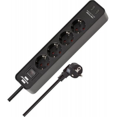 Brennenstuhl Ecolor USB 4 θέσεων καλώδιο 1,5m με διακόπτη και 2 θύρες USB-C black (1153240106)