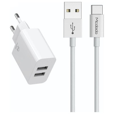 Mcdodo CH-6721 2 USB-A Charger(EU) + Type-C Cable 1m Travel Set white