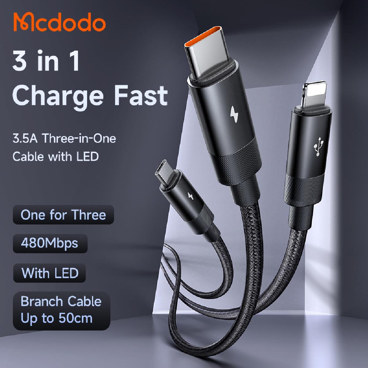 Mcdodo CA-5790 3-in-1 USB-A to USB-C, Lightning, Micro USB  Data Cable 1.2m