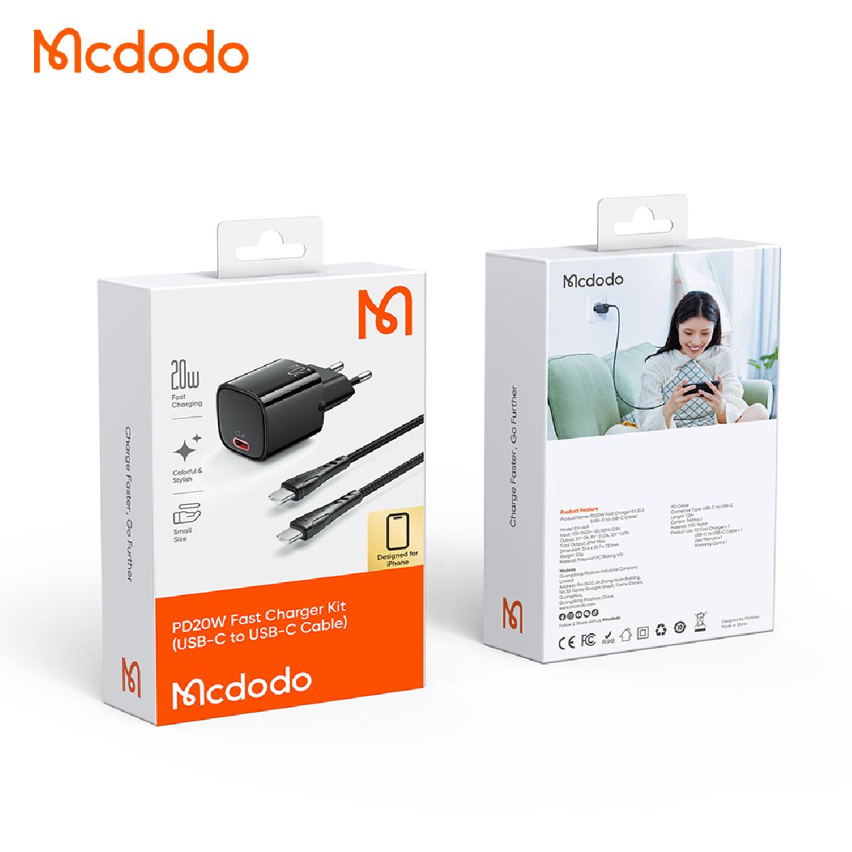 Mcdodo CH-4692 20 watt 1A PD Fast Charger (EU) & USB-C to USB-C cable 1.2m black