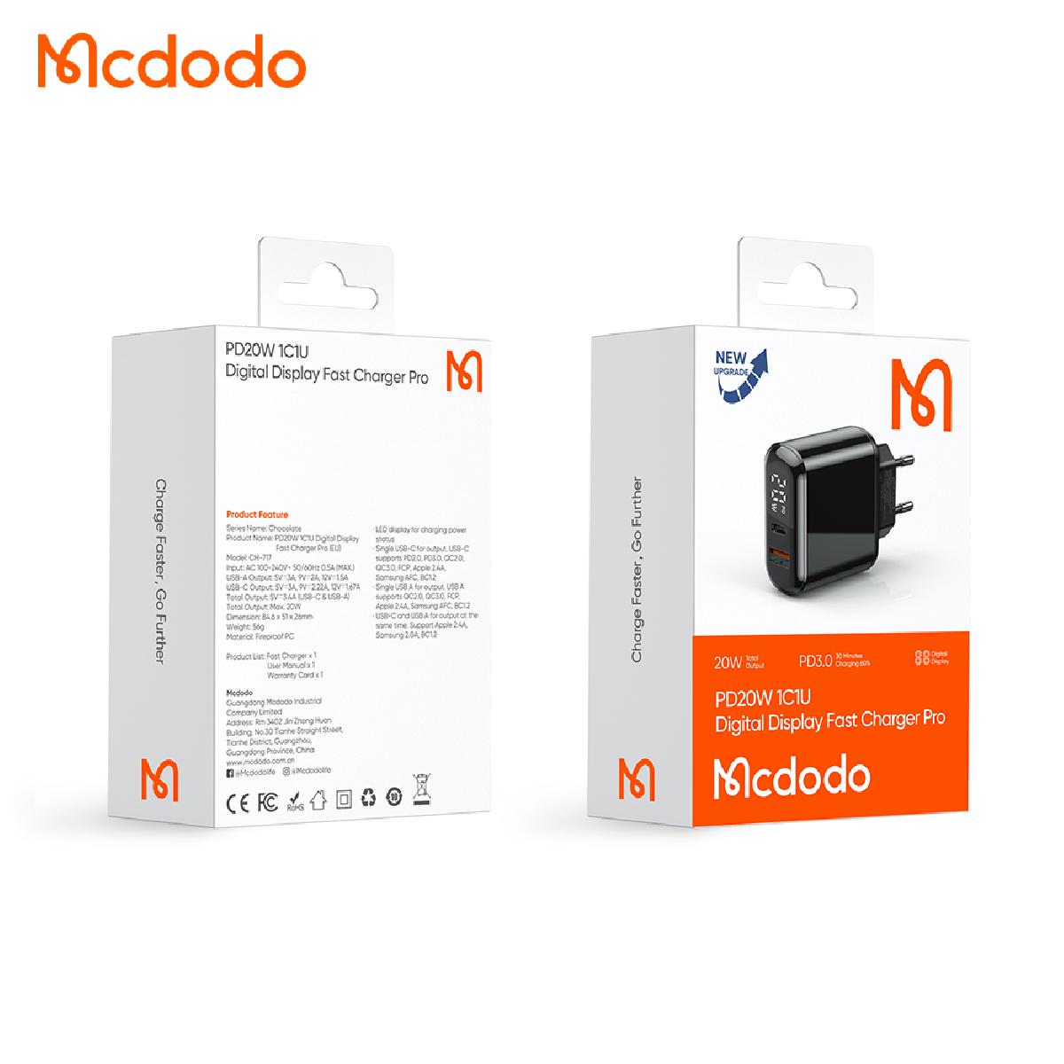 Mcdodo CH-7170 Φορτιστής με Θύρα USB-A & Θύρα USB-C 20W PD digital display Black
