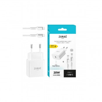 Zanae φορτιστής ρεύματος 20 watt με καλώδιο 1.2m USB-C σε USB-C με τεχνολογία Power Delivery Zanae φορτιστής ρεύματος 20 watt με καλώδιο 1.2m USB-C σε USB-C με τεχνολογία Power Delivery